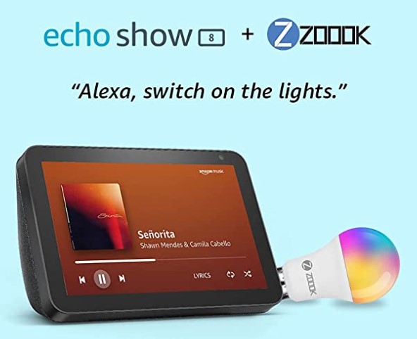 Echo Show 8 (Black) bundle with Zoook 9W Smart LED Color Bulb