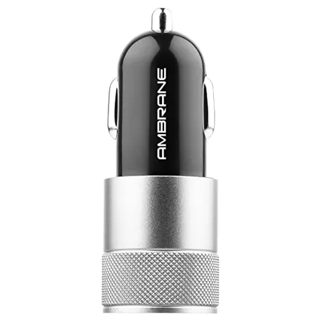 Ambrane 2.4A Dual Port Car Charger for All Smartphones (ACC 74 M, Black & Silver)