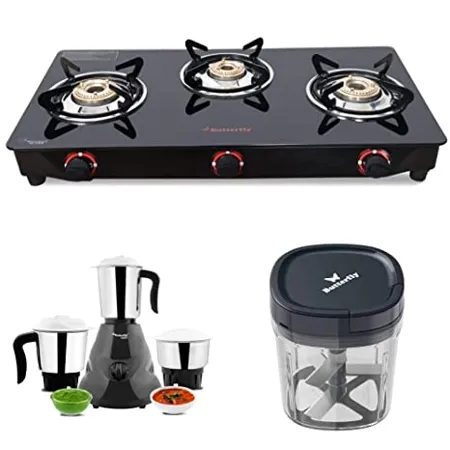 Butterfly Glass Top Gas Stove 3 burner 3 LTR Pressure Cooker outer lid SS Idli Maker 4 plates 500W Mixer Grinder 3 SS jars Hand Chopper 900 ml SS Hot and Cold Flask 0 5 L 