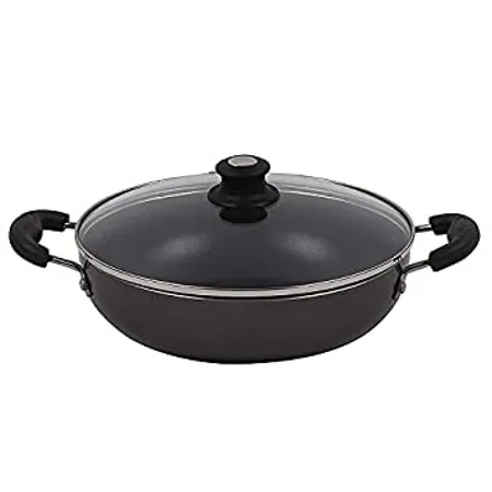 Lifelong Non Stick 2 litre Kadhai with Glass Lid 24 cm Black Grey Induction and Gas Compatible 