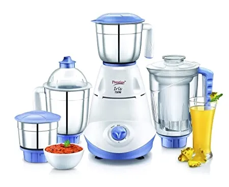 Prestige Iris 750 Watt Mixer Grinder with 3 Stainless Steel Jar 1 Juicer Jar White and Blue 