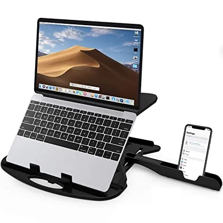 STRIFF Adjustable Laptop Stand Patented Riser Ventilated Portable Foldable Compatible with MacBook Notebook Tablet Tray Desk Table Book with Free Phone Stand Black 
