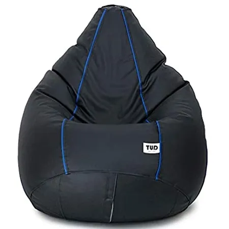 TUD Faux Leather Classic Bean Bag Filled with Beans Black with Royal Blue Piping XXXL 