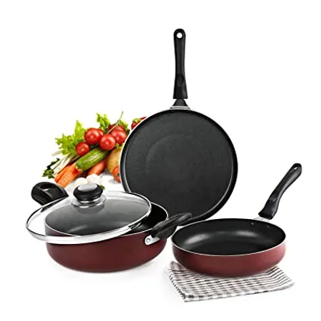 Cello Prima Induction Base Non Stick Aluminium Pan Cookware Set 3 Pieces Cherry Red