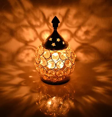 Collectible India Akhand Diya Diyas Decorative Brass Crystal Oil Lamp Tea Light Holder Lantern Oval Shape Diwali Gifts Home Decor Puja Lamp Small 