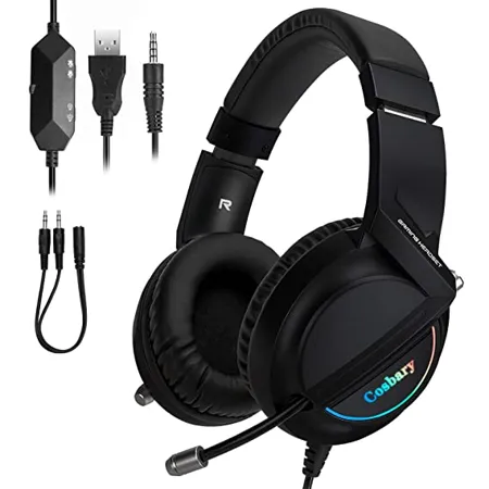 Cosbary 7 1 USB Gaming Wired Over Ear Headphones with Mic with Virtual Surround Sound 50Mm Driver RGB LEDs Remote Control for PC Tablet Laptop PS4 PS5 Xbox One Black 
