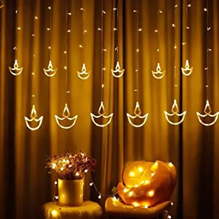 DesiDiya Warm White Diya Diwali Light Curtain String Lights with Pack of 12 Hanging Diyas 8 Flashing Modes Decoration