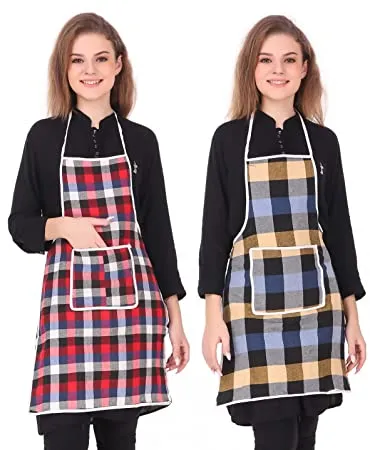GLUN Waterproof Cotton Kitchen Apron with Front Pocket Multicolour Set of 2