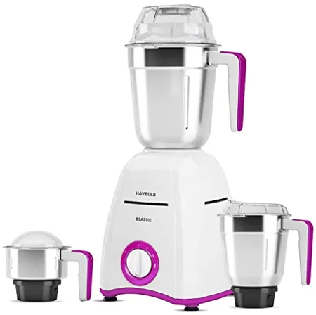 Havells Klassic 750 watts 3 Jar Mixer Grinder with 304 SS Blades Large Size SS Jars Break Resistant Polycarbonate Transparent Jar Lids With Twist Lock Mechanism
