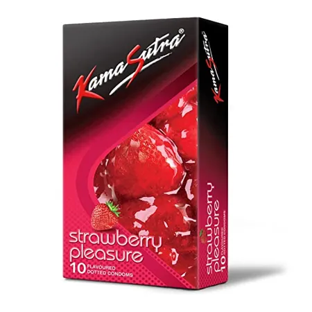KamaSutra Strawberry Pleasure Flavored Condoms for Men 10 Count I Fun of Flavors for Men and Women I Dotted for Extra Stimulation