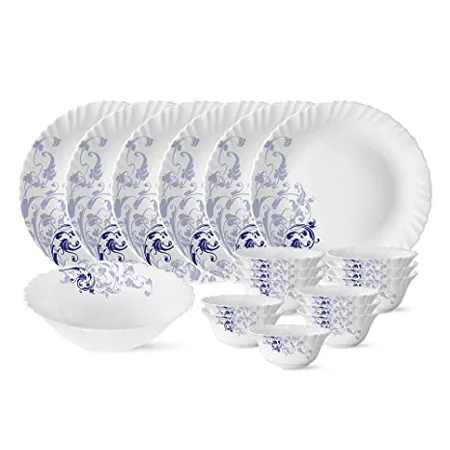 Larah by BOROSIL Opalware Dinner Set 19 Pieces White Blue Eve Silk