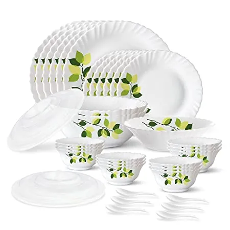 Larah by Borosil Green Leaves Silk Series Opalware Dinner Set 35 Pieces White
