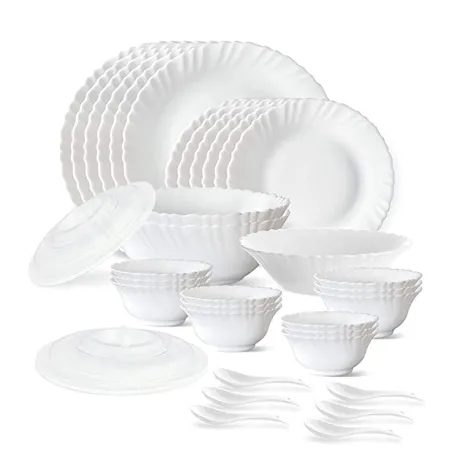 Larah by Borosil Plain White Silk Series Opalware Dinner Set 35 Pieces White
