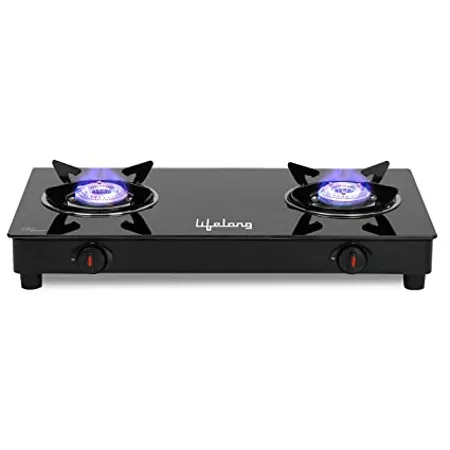 Lifelong LLGS912 Automatic Ignition 2 Burner Gas Stove with 6mm Toughened Glass Top Automatic Ignition Doorstep Service 1 Year Warranty Black 