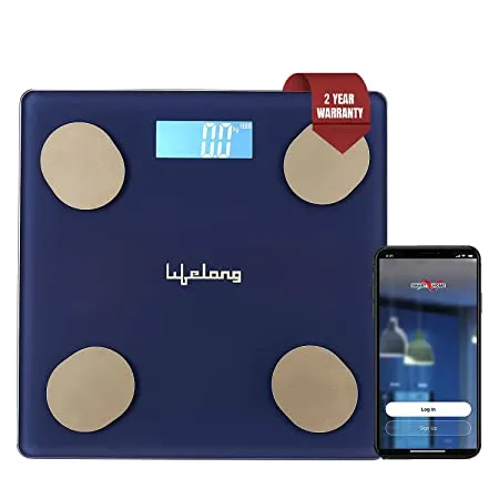 Lifelong LLWS36 Smart Body Fat Weighing Scale with 18 Measurement Functions with Lifelong Smart Home App Bluetooth Sensor Technology Electronic Weight Machine 2 Year Warranty Battery Included Blue 