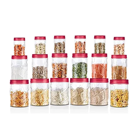 Milton Vitro Plastic Pet Storage Jar and Container Set of 18 6 pcs x 230 ml Each 6 pcs x 600 ml Each 6 pcs x 1 18 ltrs Each Red Wine Air Tight Kitchen Organiser BPA Free Stackable