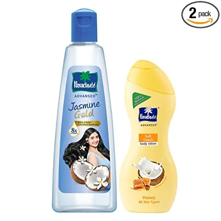Parachute Advansed Jasmine Gold Non Sticky Coconut Hair Oil with 8x Vitamin E For Super Shiny Hair 500ml Soft Touch Body Lotion With Honey 100 Natural Dry Skin Moisturizer 250 ml