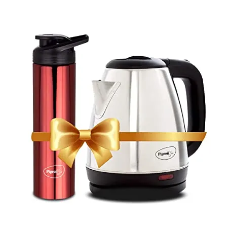 Pigeon 1 5 litre Hot Kettle and Stainless Steel Water Bottle Combo used for boiling Water Making Tea and Coffee Instant Noodles Soup 1500 Watt with Auto Shut off Feature Silver 