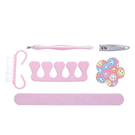 Amazon Brand Solimo Manicure and Pedicure Kit with Brush Nail Clipper Two Nail Files Toe Separator and Dead Skin Claw Pink Pack of 6