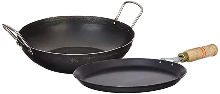 Amazon Brand Solimo Sheet Metal Iron Cookware Set of 2 Pcs Tawa 23 cm Kadai 24 cm Induction Friendly