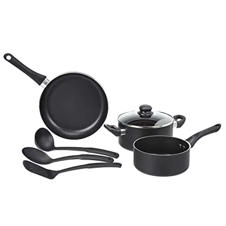 AmazonBasics 6 Piece Non Stick Aluminium Cookware Set Saucepan Fry Pan without Induction Base Black