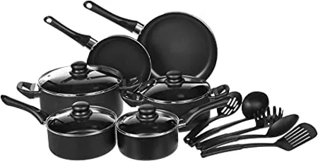 AmazonBasics Aluminium Non Stick Black Cookware Set 15 Piece