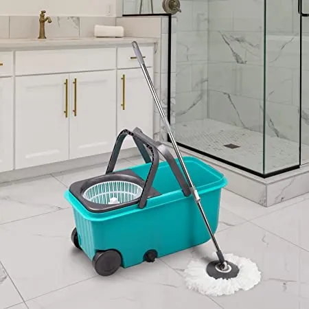 Bellavie Dual Mop Bucket with Wheels Microfiber Mop with 2 Refills Self Wringing 360 Spinner Turquoise Blue Wheel Mop Plastic Wringer 