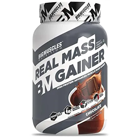 Bigmuscles Nutrition Real Mass Gainer 1Kg Chocolate Lean Whey Protein Muscle Mass Gainer Complex Carbohydrates 1000 Calories