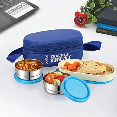Cello Double Treat Lunch Box with Jacket 3 Container 2 Pcs Round Container 300 ml 1 Pc Oval Container Blue