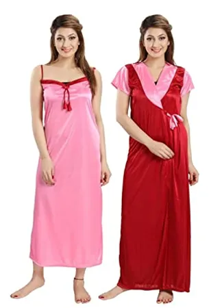 Fabme Wome s Satin Two Piece Nighty 1 Nighty 1 Robe Pink 