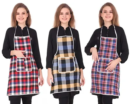 GLUN Cotton Kitchen Multi Colour Apron with Front Pocket Set of 3 Color and Design May Vary 