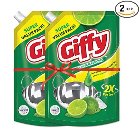 Giffy Green Lime Active Salt Concentrated Dish Wash Gel by Wipro 900 ml Pack of 2 