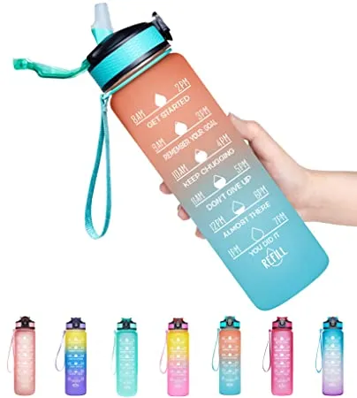 Giotto 32oz Large Leakproof BPA Free Drinking Water Bottle with Time Marker Straw to Ensure You Drink Enough Water Throughout The Day for Fitness and Outdoor Enthusiasts Ombre Orange Green