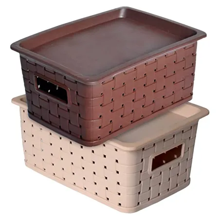 Kuber Industries BPA Free Attractive Design Multipurpose Small Trendy Storage Basket With Lid Material Plastic Color Brown Beige Pack of 2
