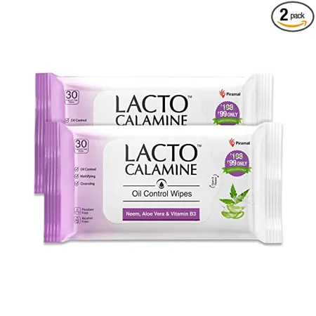 Lacto Calamine Oil Control Face Wipes with Neem Vitamin B3 and Aloe Vera No Parabens Alcohol Free White 60 Count Pack of 2