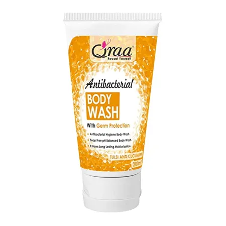 Qraa Antibacterial Body Wash With Goodness Of Tulsi Cucumber Germ Protection Shower Gel Soap Free pH Balanced Long Lasting Moisturizing Sulfate Free Shower Gel 200ml