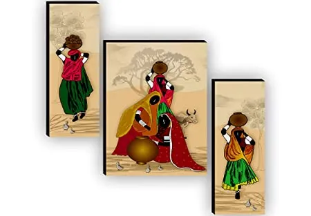 SAF Set of 3 Rajasthani Village Ladies Modren Art UV Textured Paintings for living room with frame 12 Inch X 18 Inch SAF JMS6727