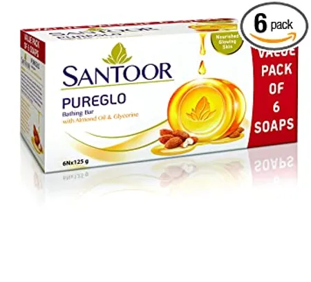 Santoor PureGlo Glycerine Bath Soap with Almond Oil for Moisturized Nourished and Shining Skin 125g Pack of 6 