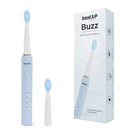 beatXP Buzz Electric Toothbrush for Adults with 2 Brush Heads 3 Cleaning Modes Rechargeable Electric Toothbrush with 2 Minute Timer Quadpacer 19000 Strokes min with Long Battery Life Blue 