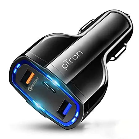 pTron Bullet Pro 36W PD Quick Charger 3 Port Fast Car Charger Adapter Compatible with All Smartphones Tablets Black 