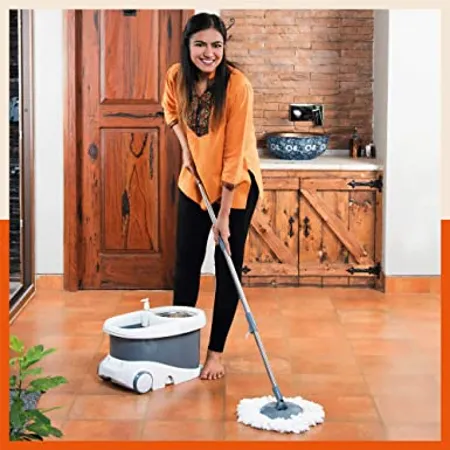 Bathla Ultra Clean Plus Heavy Duty Microfiber Spin Mop with Large Trolley Wheels Grey 