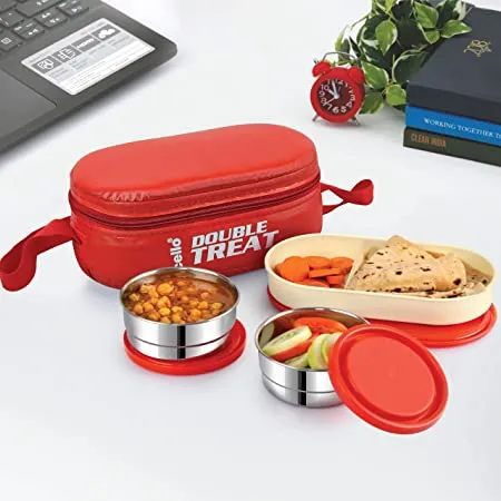 Cello Double Treat Lunch Box with Jacket 3 Container 2 Pcs Round Container 300 ml 1 Pc Oval Container Red