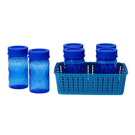 Cutting EDGE Food Grade Twister Airtight Plastic Jars with Basket Diamond Checkers Container for Spices Dry Fruits Cereals Snacks Stackable BPA Free Set of 6 Blue Jar Basket Blue Lid Capacity 225 ml 