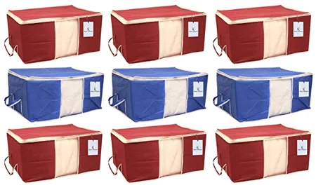 Kuber Industries 9 Piece Non Woven Underbed Storage Organiser Set Extra Large Maroon and Royal Blue