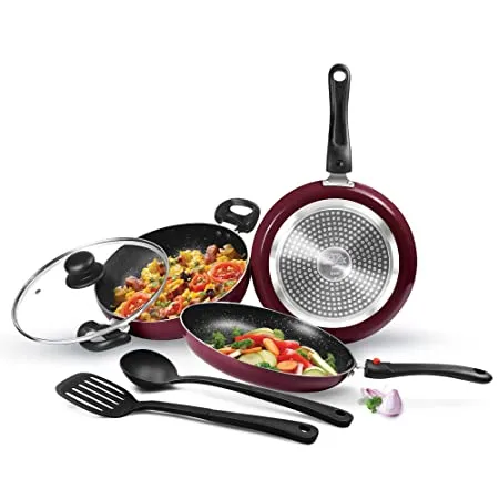 Milton Pro Cook Induction Kitchen Jewel Set of 5 Fry pan 24 cm 1 6 litres Kadhai 24 cm 2 5 litres with Glass lid Tawa 25 cm Nylon Laddle and Spatula Peach Dishwasher Hot Plate Flame Safe