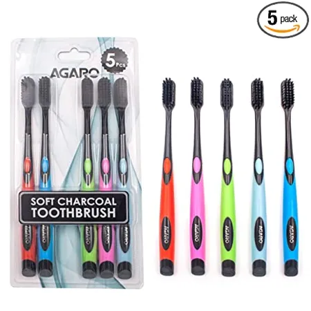 AGARO Charcoal Toothbrush Gentle Soft Teeth Whitening For Adults Children Medium Tip Bristles Family Pack of 5 Mix Colour