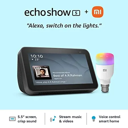 All new Echo Show 5 2nd Gen Black Combo with Mi LED smart color bulb