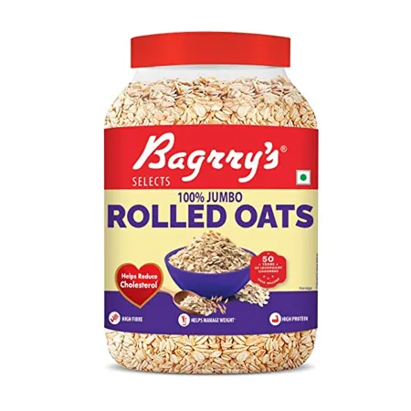 Bagrry s 100 Jumbo Rolled Oats 1 2kg Jar Whole Grain Rolled Oats with High Fibre Protein Non GMO Healthy Food with No Added Sugar Diet food for Weight Management Premium Rolled Oats Nutritious Healthy Breakfast Cereal