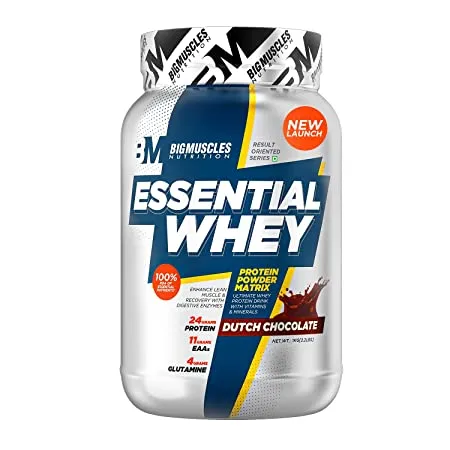Bigmuscles Nutrition Essential Whey Protein 1Kg Dutch Chocolate 24g Protein serving with Digestive Enzymes Vitamin Minerals No Added Sugar Improved Strength Faster Recovery Muscle Building