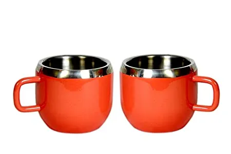 Dynore Stainless Steel Double Wall 2 Red Warm Tea Cups Set of 2